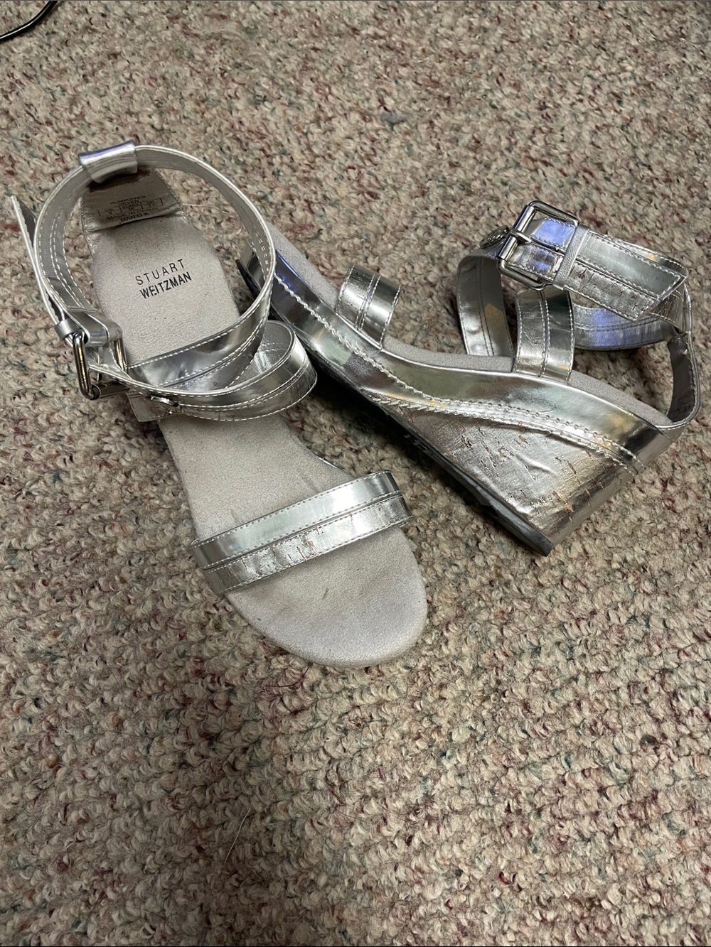 Stuart Weitzman Metallic Silver Ankle-Strap Wedge Sandals